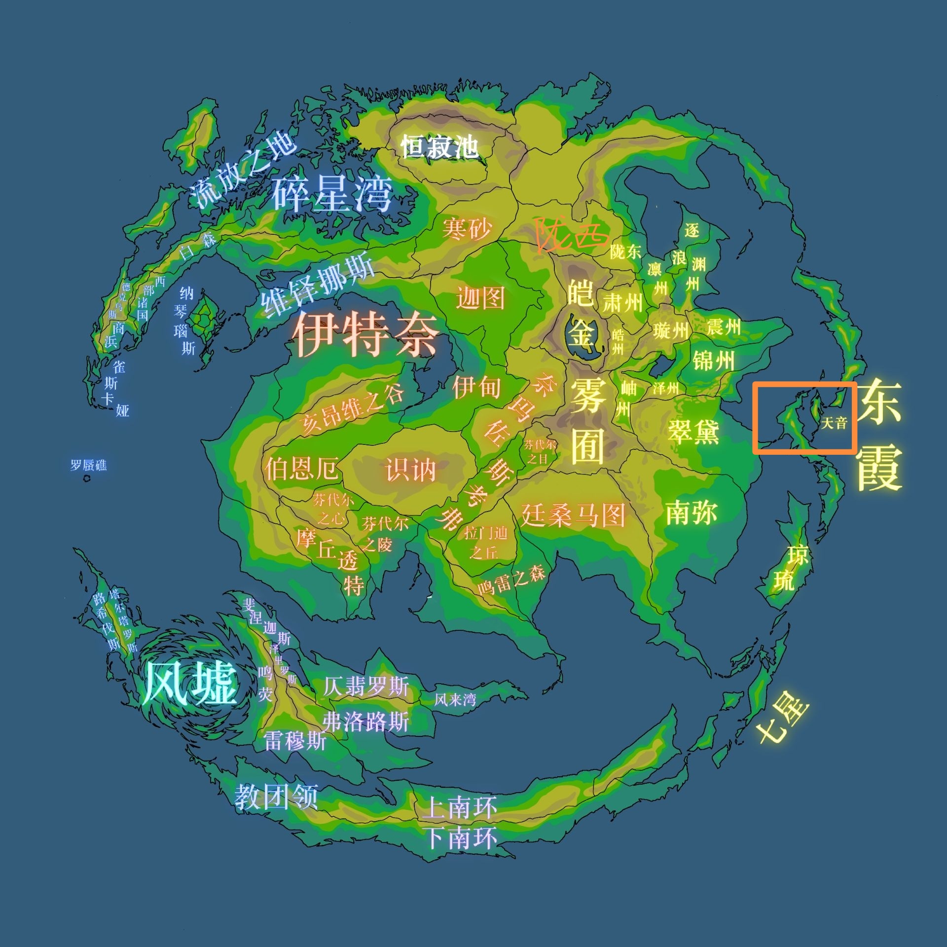 世界地图中的东霞与天音神社位置:天音位于望洲东侧近海岛屿区域